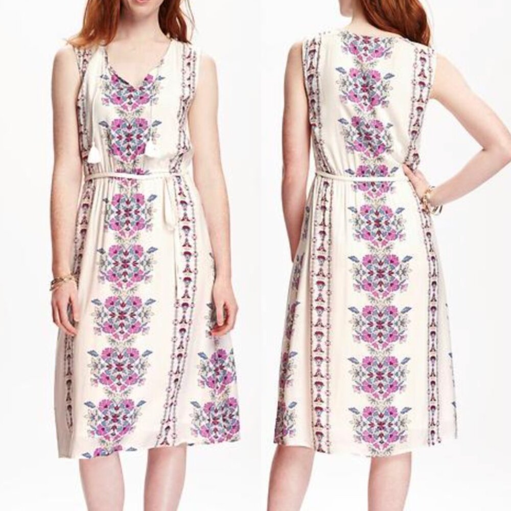 OLD NAVY Printed Tassle Boho Midi Dress Cream Ivory Floral Tassel Boho M NO BELT